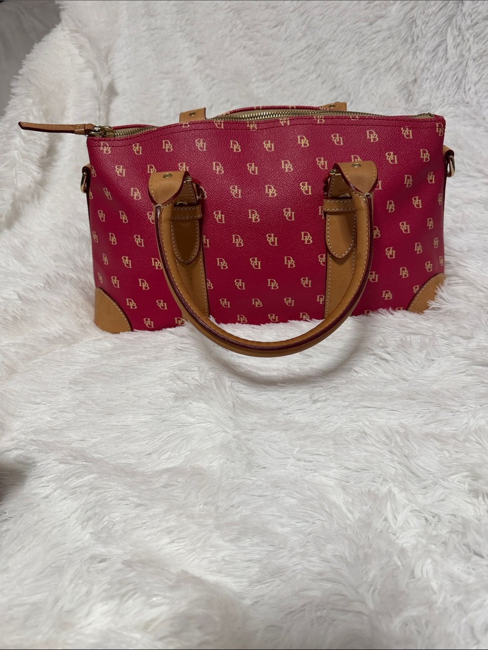 Designer-Style Red Top-Handle Satchel with Tan Trim